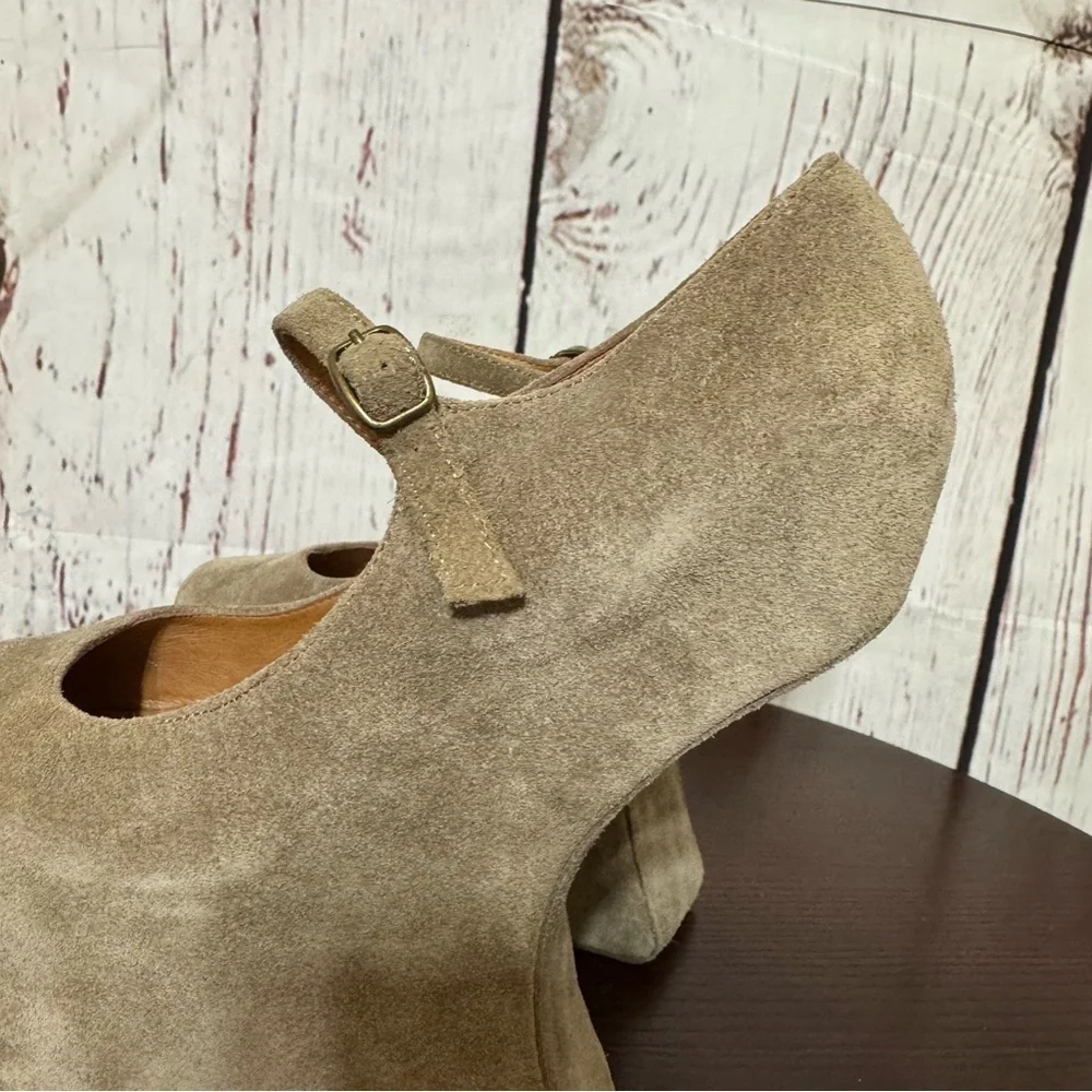 JEFFREY CAMPBELL NIGHT WALK heelless Stylish Tan Platform Wedge MaryJane Shoes 7